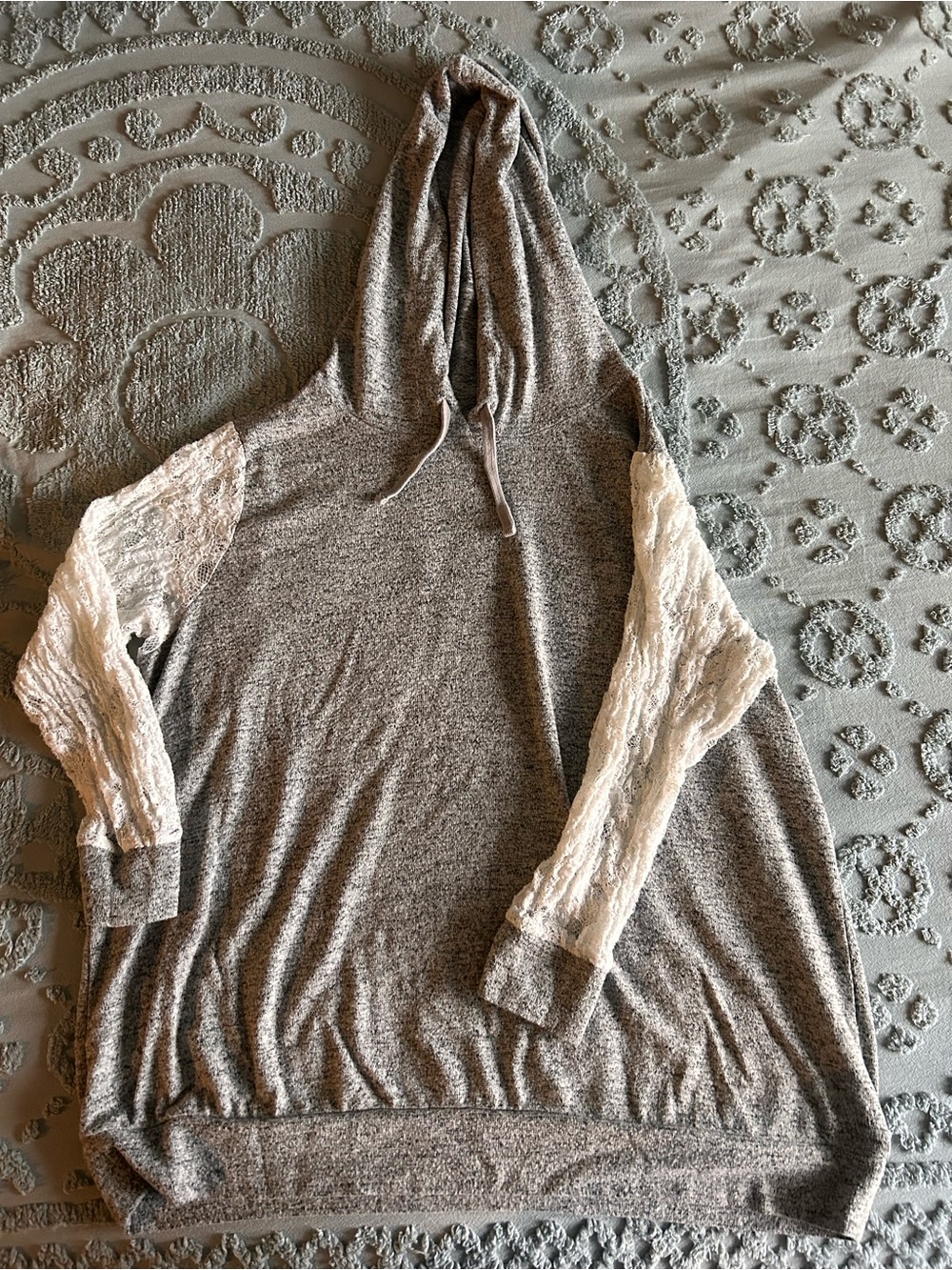 torrid Gray Hoodie with Ivory Lace Sleeves